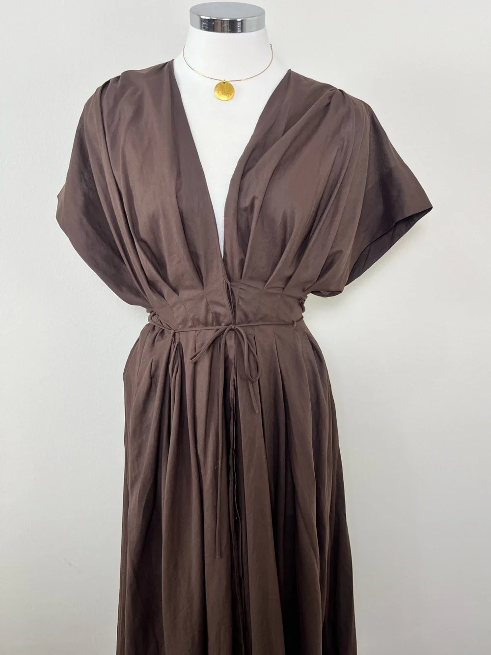 NWT Zara Brown Cotton Poplin Puff Sleeve Midi Dress Size M Pockets - Picture 3 of 12